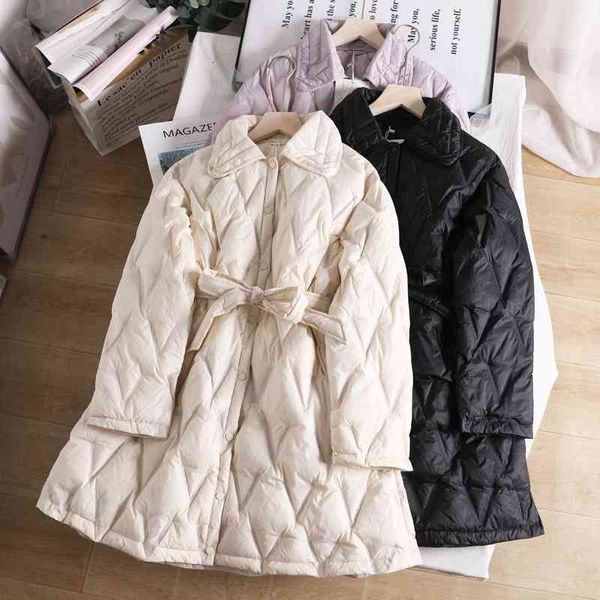 

white duck down light and thin lace jacket 2021 quilted medium length ling grid thick women's winter, Black