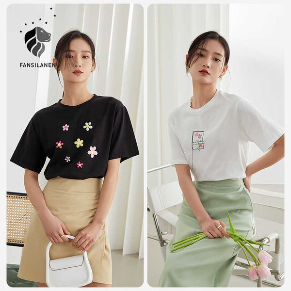 

fansilanen office lady pure cotton short-sleeved white black t-shirt women summer cartoon print loose casual 210607