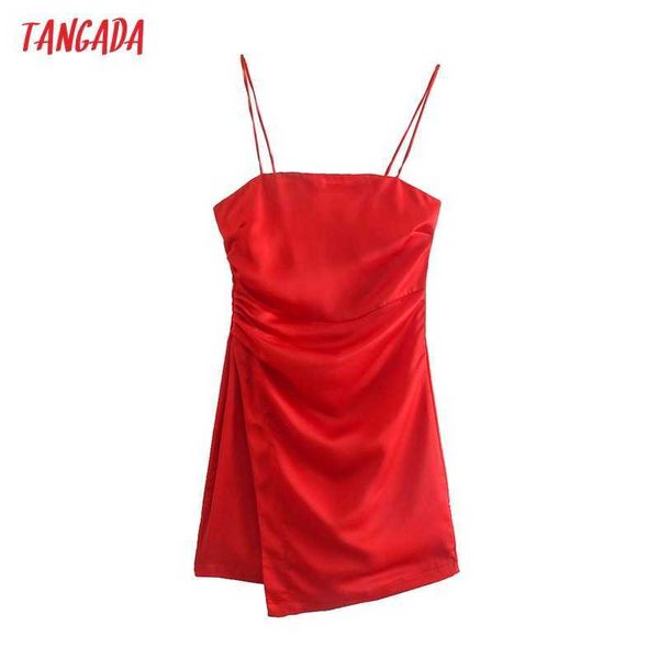 

tangada women solid red pleated short dress strap sleeveless fashion lady elegant dresses vestido qd66 210609, Black;gray