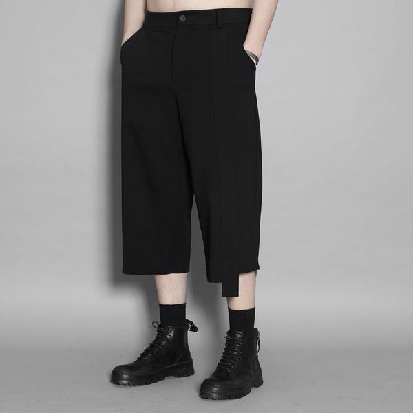 

spring and summer dark department of simple solid color irregular bottom casual pants men's seven-minute wide leg men men's, Black