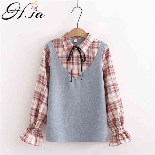 

hsa women casual blouses flar sleeve plaid spring outwear bow tie pink knit vest fake 2 pcs korean girls college 210430, White