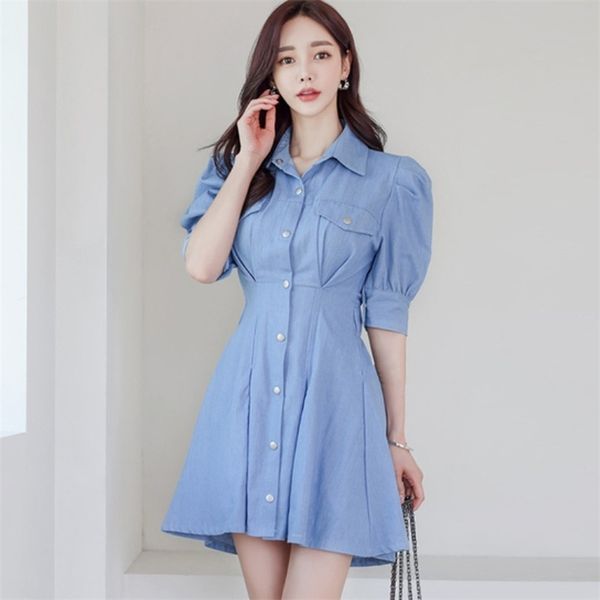 Corea Summer Fashion Denim Shirt Dress Women Elegante risvolto manica a sbuffo Casual Slim Mini femminile 210519