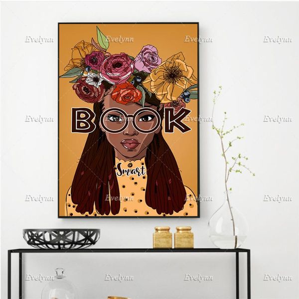 

paintings book smart black girl poster, bookaholic afro wall art canvas, education print, lover gift, bookworm,home decor