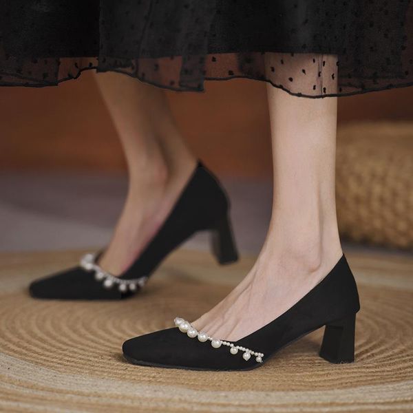 

dress shoes summer women's high heels pointed toe chunky sandals footwear brief pumps lace-up slip on shallow mouth 2021 spikes block, Black