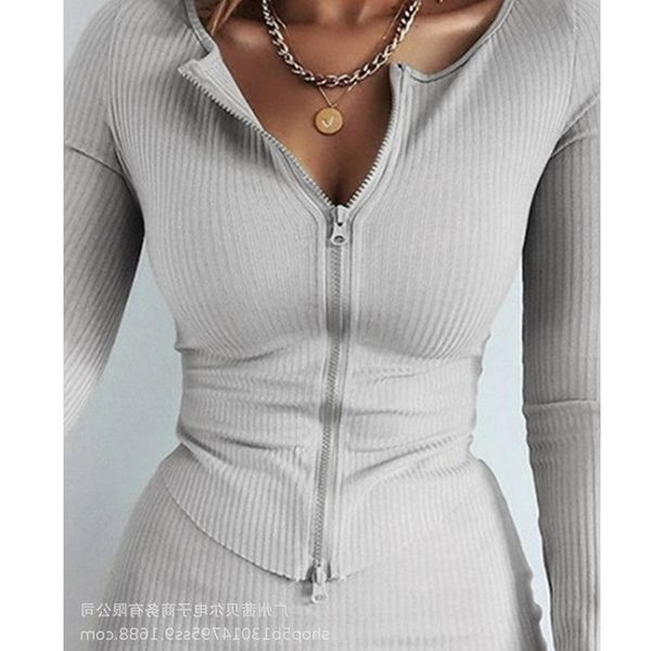 

women's tracksuits mandylandy women dress sets solid color tshirt zipper 2 piece outfits fashion pencil skirts stripe suit, Gray