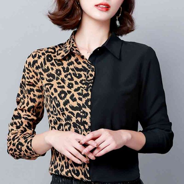 

blouses woman turn down collar office ladies long sleeve leopard chiffon blouse women plus size women blusas c282 210602, White