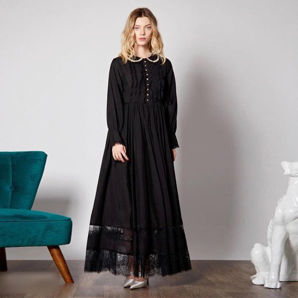 

casual dresses long dress runway diamond beading collar vintage elegant lace patchwork spring autumn women's party, Black;gray