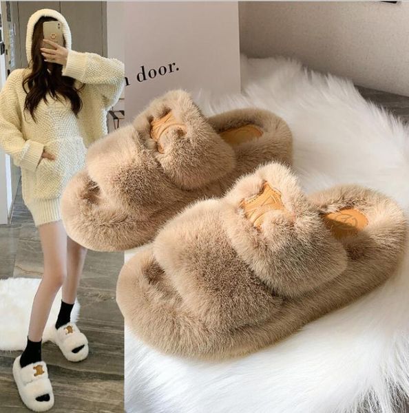 

slippers 2021 autumn winter fluffy shoes women 's hair flip flop flat furry fur slides outdoor woman amazing, Black