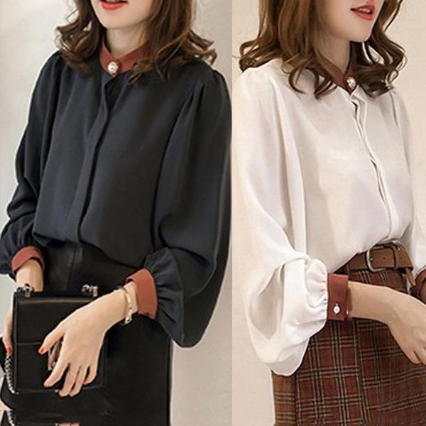 

women's blouses & color and women fashion long lantern sleeve stand casual chiffon button solid shirts blusas, White