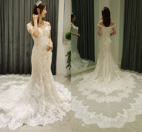 2022 Romantico cappella strascico abito da sposa sirena avorio lave nudo tulle al largo della spalla applique perle in rilievo Abiti da sposa abiti da sposa abiti