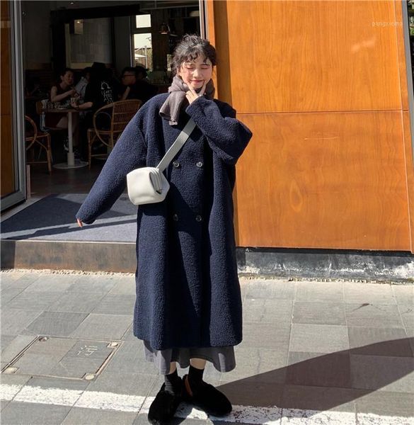 

women's wool & blends winter korean style retro double breasted loose coat women oversize fashion outerwear female long, Black