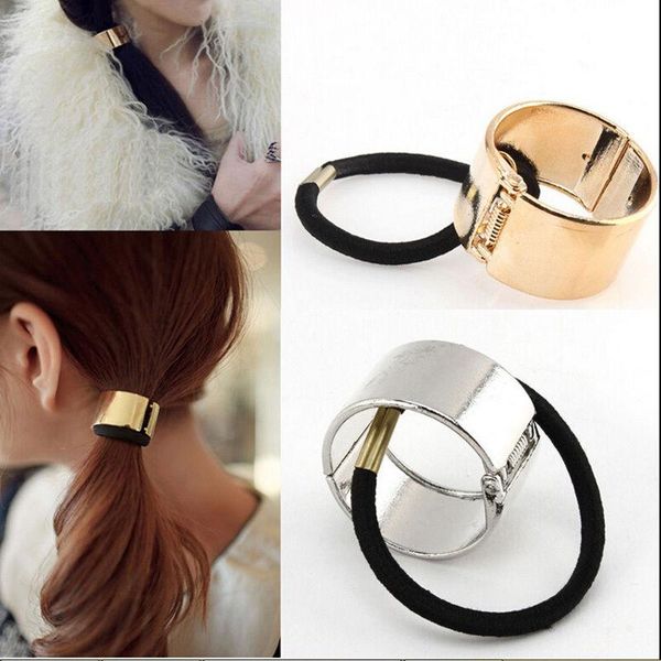 

hair clips & barrettes 2021 fashion cool metal circle cuff band tie elestic holder accessories head jewelry, Golden;silver