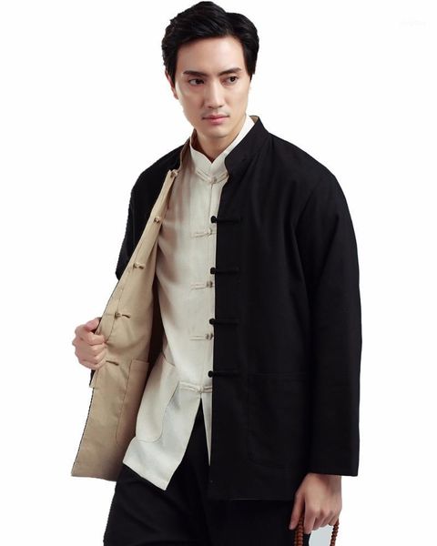 

men's jackets shanhgai story two side reversible chinese trtional two-sided wear mandarin collar shirt linen kungfu for men, Black;brown