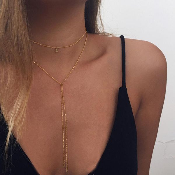 

chains simple gold color chain choker necklace long beads tassel chocker necklaces for women collar collier, Silver