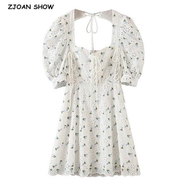 

embroidery hollow out hole white short sleeve dress retro hollow back slim waist wood ears ruffles mini dresses holiday 210429, Black;gray