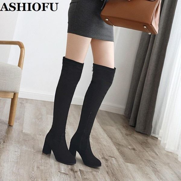 

boots ashiofu factory sale handmade women's chunky heels crystals party slim japanese style knee-high winter fashion, Black