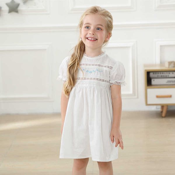 Crianças EspanhaSH Boutique Branco Vestido Meninas Feito à mão Bordado Flower Flower Frock Bebê Bancado Baptism Lace Dreses -5y 210615