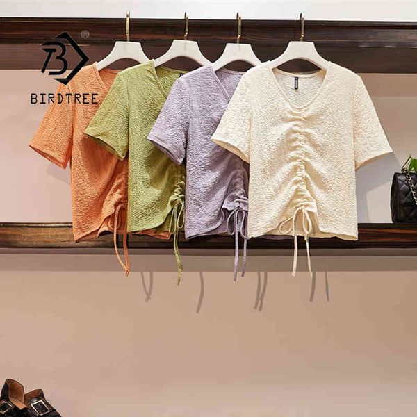 

v neck short sleeves flods thin tshirt plus size women summer all match drawstring solid tees elling t14513x 210419, White