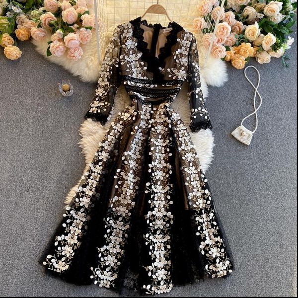 

party womens dress fashion ladies embroidery flower a line women v neck elegant vintage clothing vestido feminino r359, Black;gray
