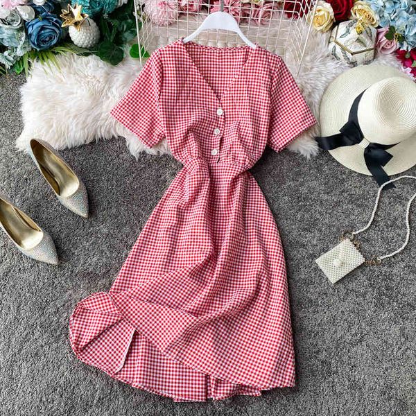 Feminino Casual Primavera verão botão moda manga curta v pescoço sólido estilo country vintage vintage vestido 210520