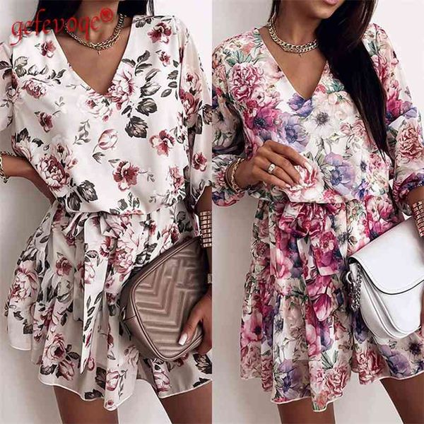 Vestidos de tendências para as mulheres Primavera verão V Pescoço Cópia Floral Ruffle Party Party Beach Robe Femme Vestido Uma linha Mini Vestido 210623