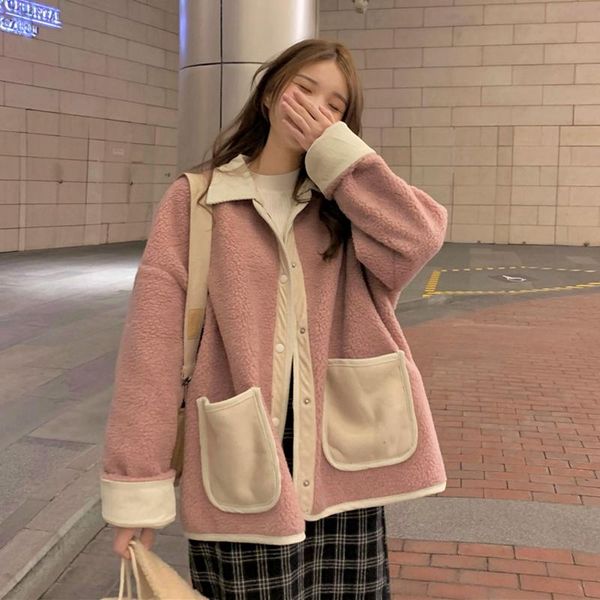 

women's jackets pink lamb wool style coat women 2021 autumn winter casual outerwear all-match loose thickened warm soft baseball femme, Black;brown
