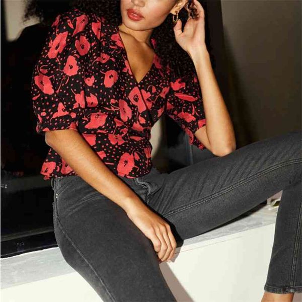 

summer women's shirt casual printing v-neck short-sleeved 210430, White