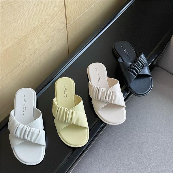 

female shoes ladies' slippers low luxury slides shallow 2021 summer designer flat rubber pu scandals hoof heels fabric fashion, Black