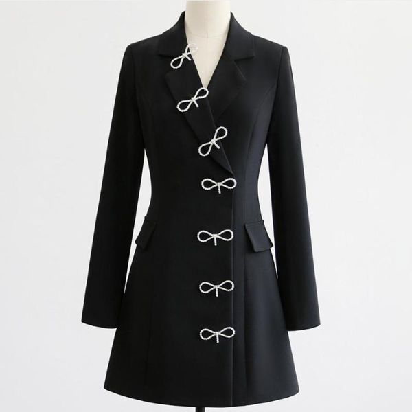 

heavy industry bow rhinestone notched collar dress women slim waist a-line party casual dresses, Black;gray