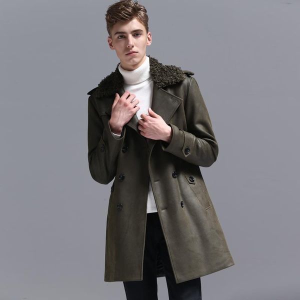 

men's wool & blends men coat winter with fur collar chamois double breasted casual mens coats and jackets plus size 6xl long jacket man, Black