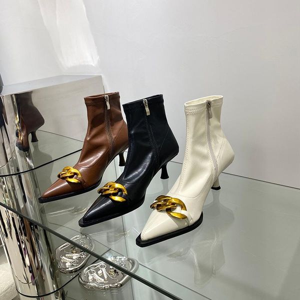 

boots women stretch booties black/beige/brown short ankle side zipper thin high heels gold chain solid color party pumps shoes