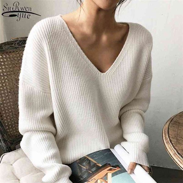 

spring korean v-neck loose solid sweater women plus size pullover women's knitwear bottoming pull femme 210421, White;black
