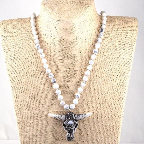 

pendant necklaces fashion bohemian tribal jewelry frosted white semi precious stone handmake paved horn necklace ethnic, Silver