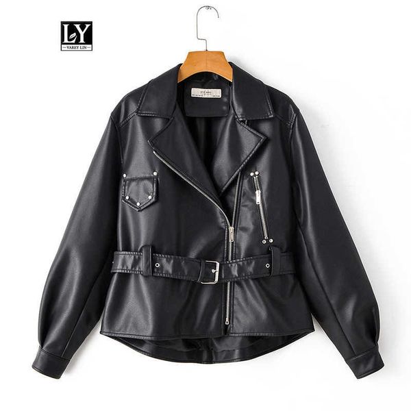 

ly varey lin faux soft leather loose short jackets women vintage black pu motorcycle rivet zipper punk overcoat with belt 210526
