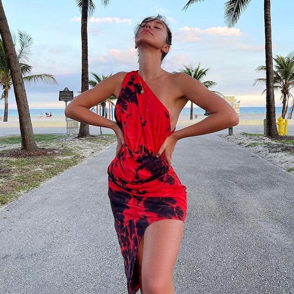 

casual dresses one shoulder long beach dress sleeveless asymmetric party fashion tie dye boho summer, Black;gray