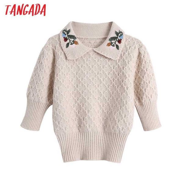 

tangada women flowers embroidery knitted sweater jumper short sleeve female pullovers chic be749 210609, White;black
