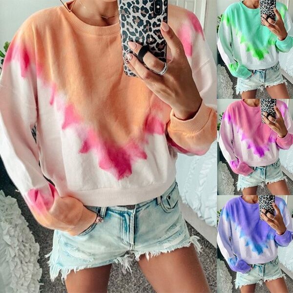 

women's t-shirt women o-neck long sleeve gradient raiow color printing ladies casual loose slim fit soft t-shirts, White