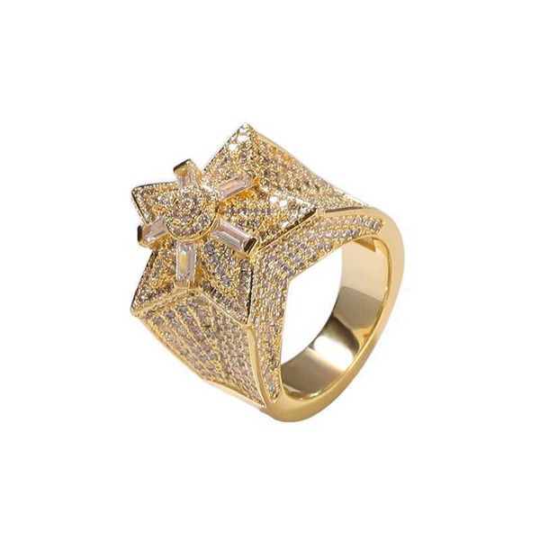 Hip Hop Popular Bling Gelado Out Star Flor Cobre Anel de Zircão Para Homens Mulheres Jóias Ouro