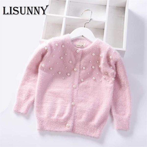 

autumn winter pearl solid warm girls sweater baby princess mink velvet knit cardigan jacket kids clothes children clothing 211104, Blue