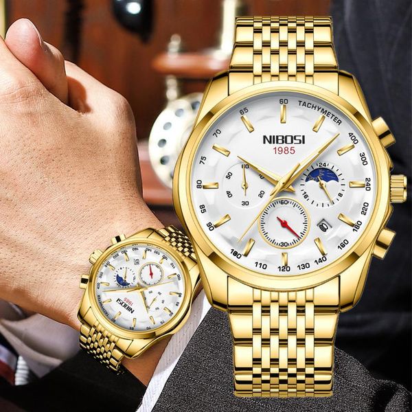 

wristwatches nibosi men watch sports quartz mens watches full steel waterproof chronograph wristwatch relogio masculino, Slivery;brown