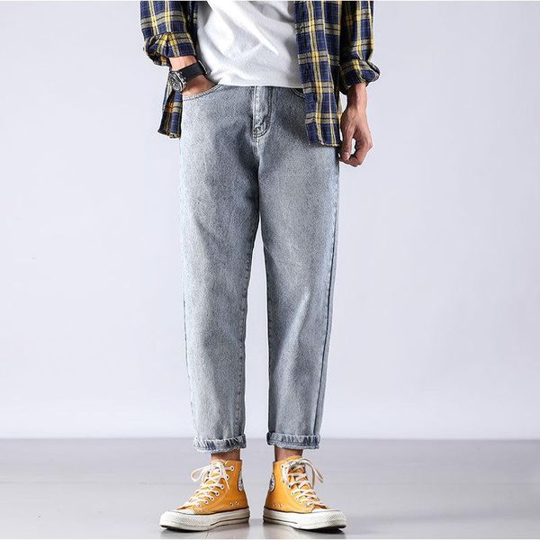 

men's jeans lightweight loose summer casual men straight ankle-length pants male thin wide legs denim, Blue