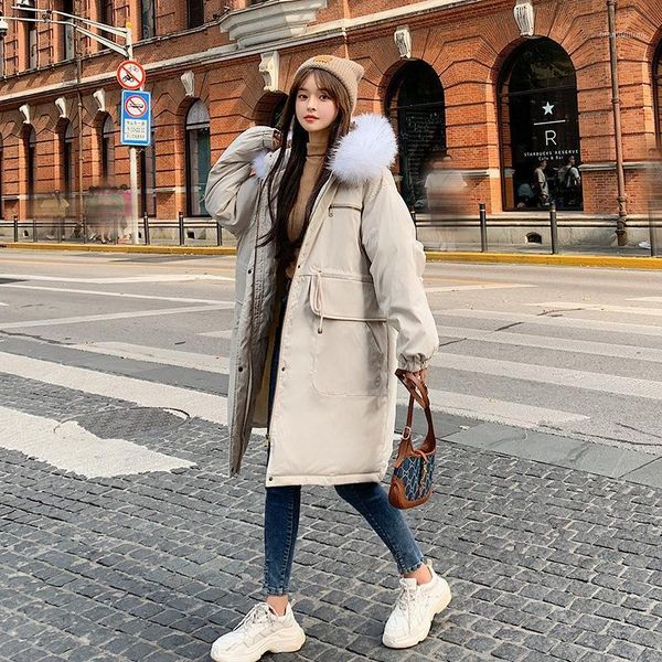 

women's down & parkas style winter cotton-padded women korean version of loose and thick long coat with large fur collar coats, Black