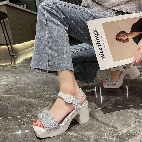 

sandals buckle strap beige heeled fashion womens shoes 2021 all-match open toe black luxury clear comfort rhinestone girls