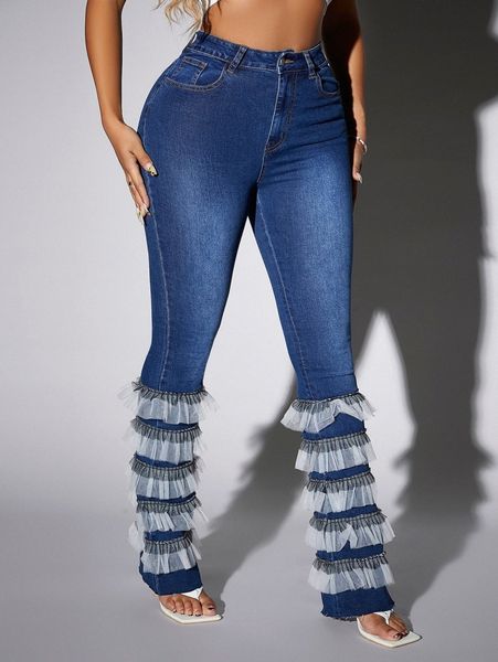 

sxy high waisted layered mesh ruffle hem jeans u3cn#, Blue