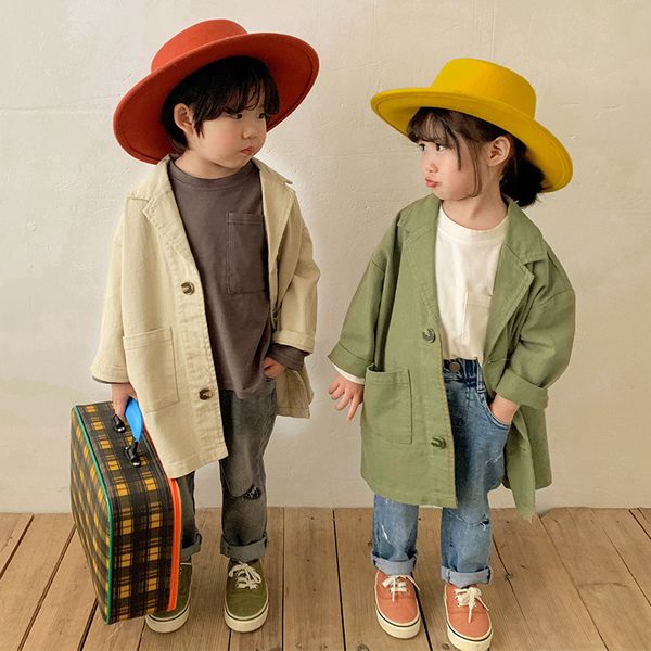 

spring japan style solid color cotton long trench boys and girls soft loose jackets coats 210508, Camo