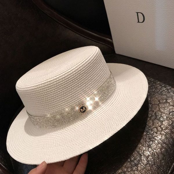 

summer new wide brim white straw designer bright diamond versatile beach holiday sun protection flat hat girl, Blue;gray