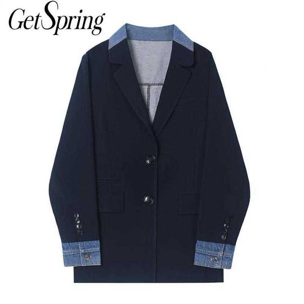 

getspring women blazer denim patchwork color matching vintage blazers jackets plus size short suit coat fashion 210601, White;black