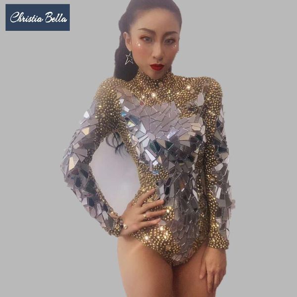 

women gold rhinestones bodysuit long sleeve sequins leotard pole dancing catsuit stretch jumpsuit nightclub dj singer costumes women's, Black;white