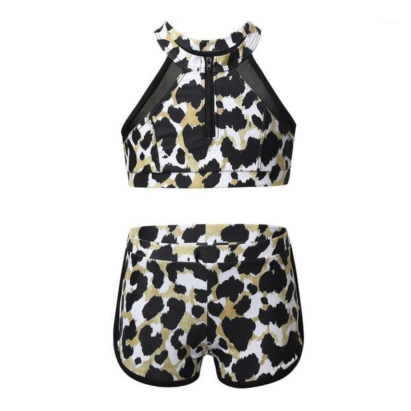 

kids girls tankini swimwear swimsuit children sleeveless halter mesh splice leopard print crop with shorts bikini set clothing sets, White