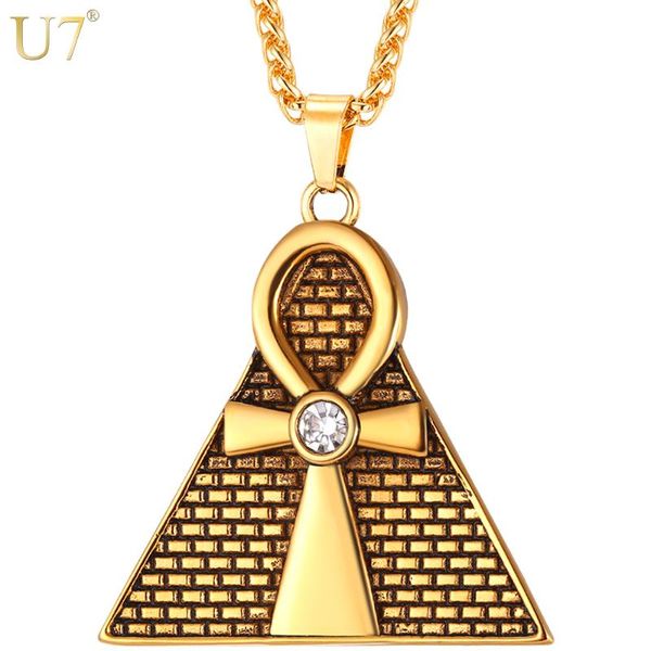 

pendant necklaces u7 ancient pyramid ankh egyptian cross & chain necklace men/women stainless steel rhinestone jewelry p1097, Silver